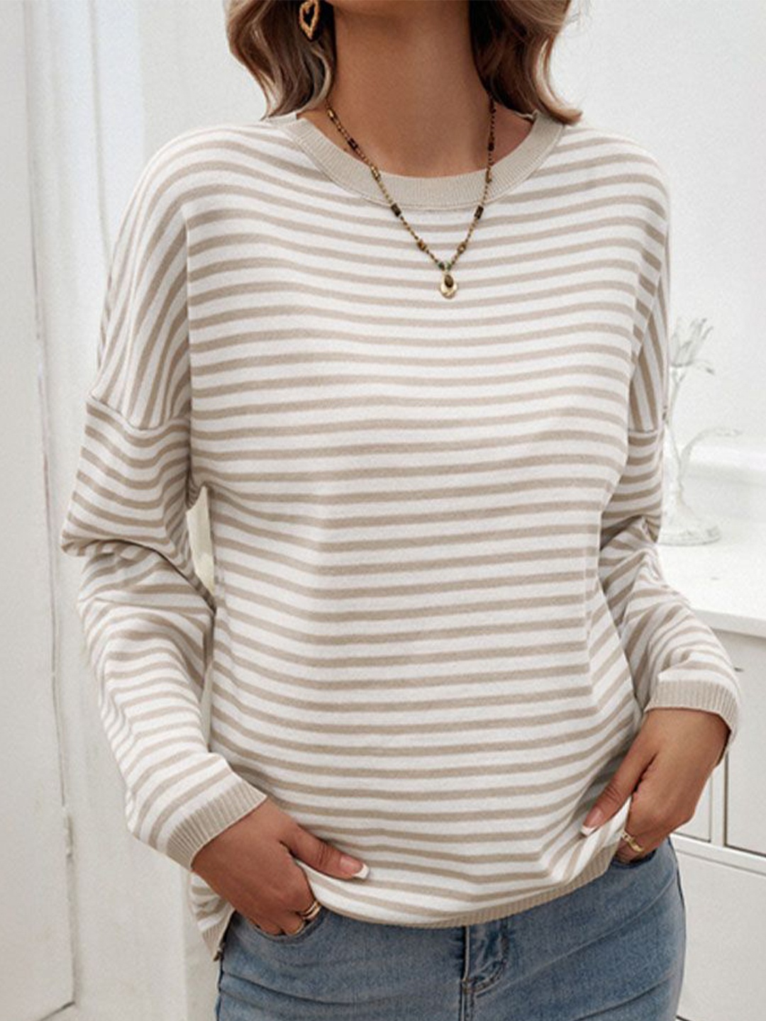 StyleCast Women Horizontal Striped Round Neck Top, Coffee brown