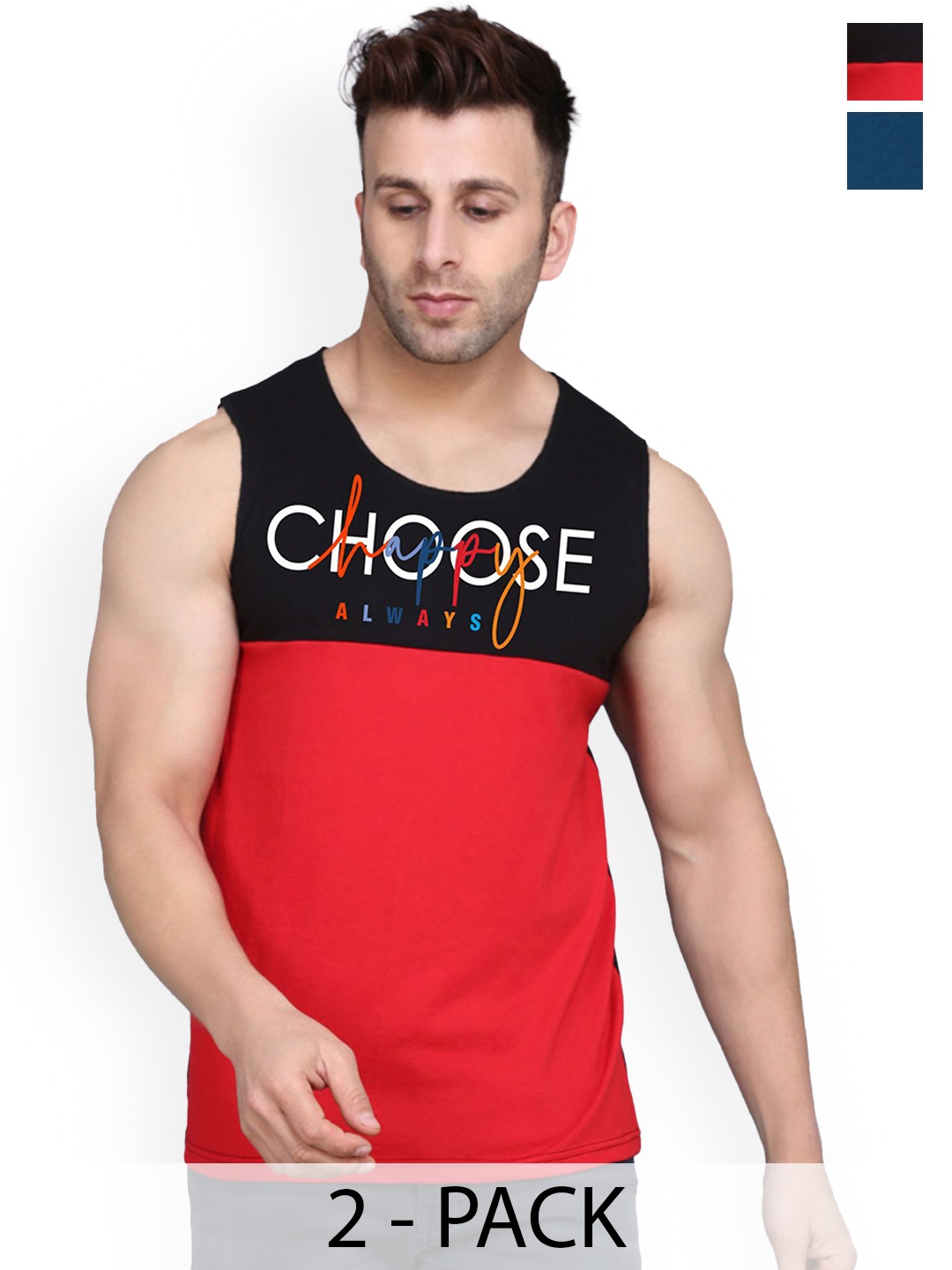 

SLOWLORIS Pack Of 2 Printed Gym Vests SL26 COMBO (LOUD PEACOCK) (CHS BLKRED), Teal
