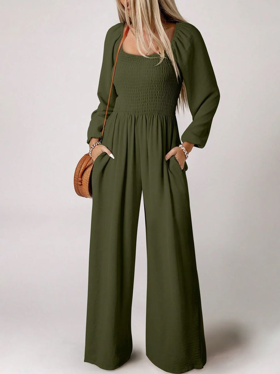 

StyleCast Puff Sleeve Square Neck Jumpsuit, Green