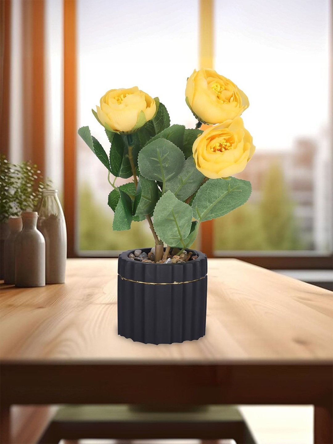 

Ekhasa Yellow 1 Pieces Rose Artificial Flower With Pot