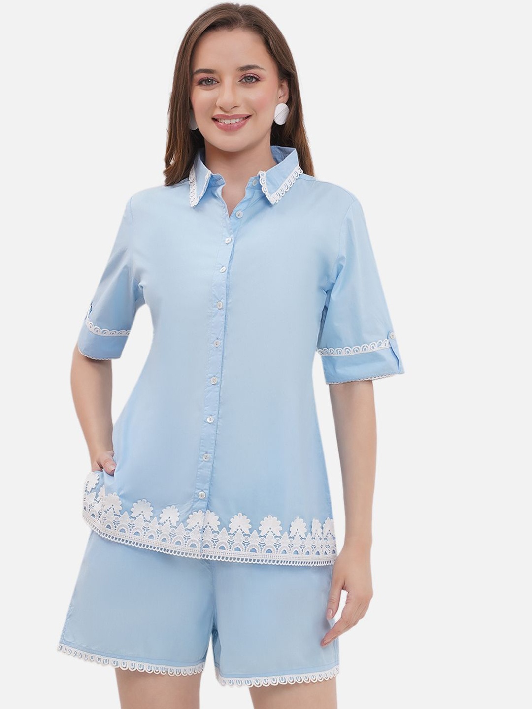 

bellamia Embellished Shirt Collar Shirt With Shorts Co-Ords, Blue