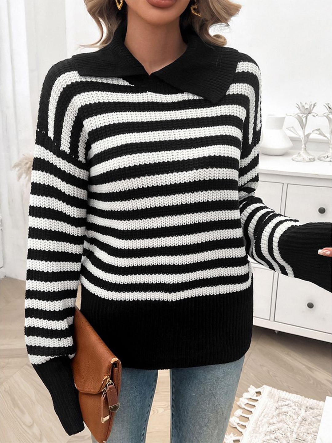 

StyleCast Women Horizontal Striped Shirt Collar Acrylic Top, Black