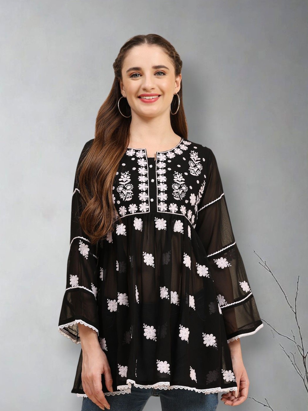 

Growish Women Floral Printed Embroidered Round Neck Top, Black