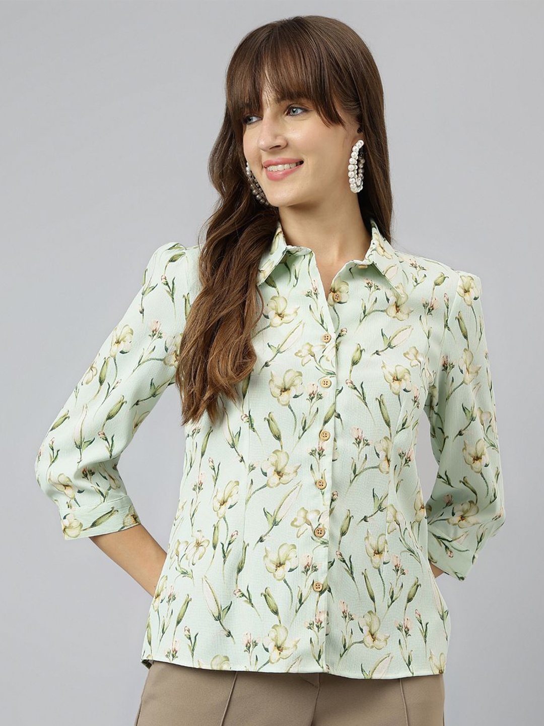 

Latin Quarters Women Spread Collar Floral Printed Casual Shirt, Green