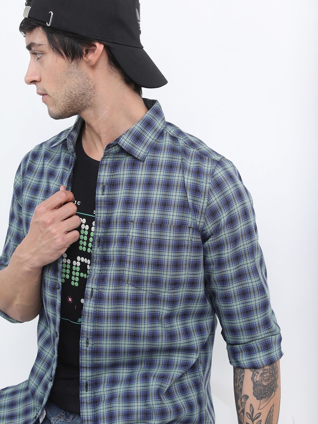 

HIGHLANDER Men Spread Collar Tartan Checked Cotton Slim Fit Casual Shirt, Green