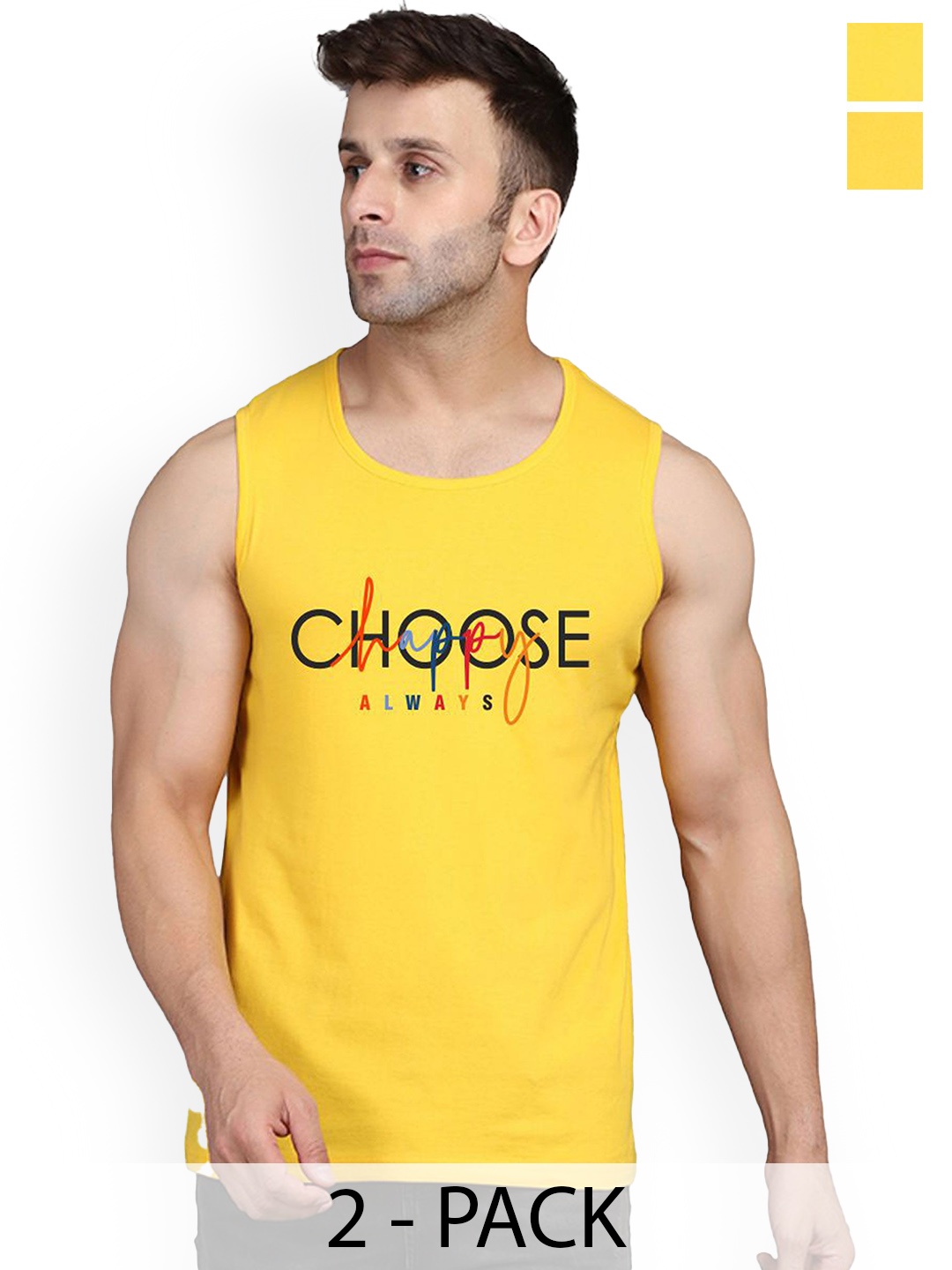 

SLOWLORIS Pack Of 2 Men Printed Gym Vests, Yellow