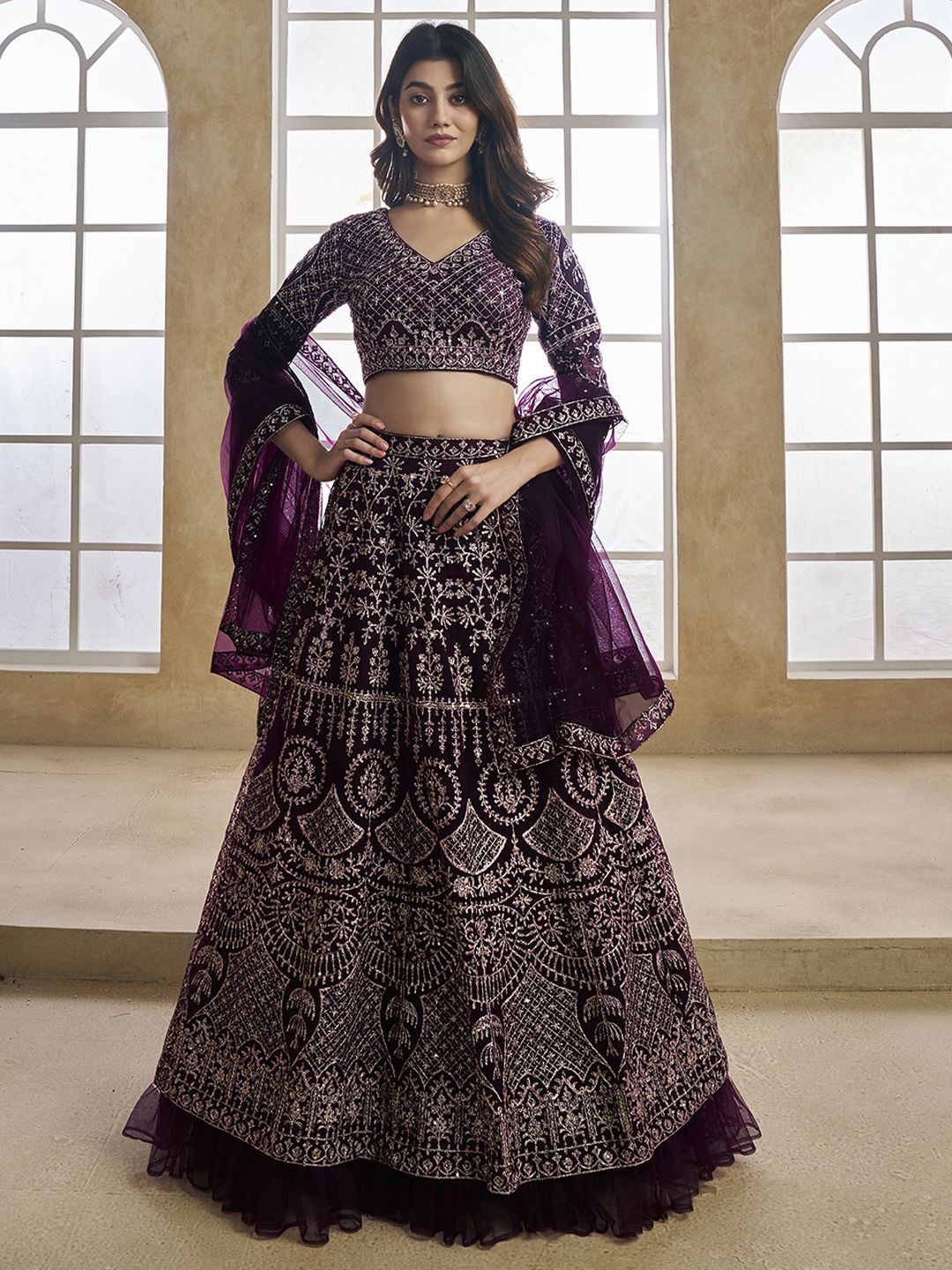 

Inddus Embroidered Semi-Stitched Lehenga & Unstitched Blouse With Dupatta, Burgundy