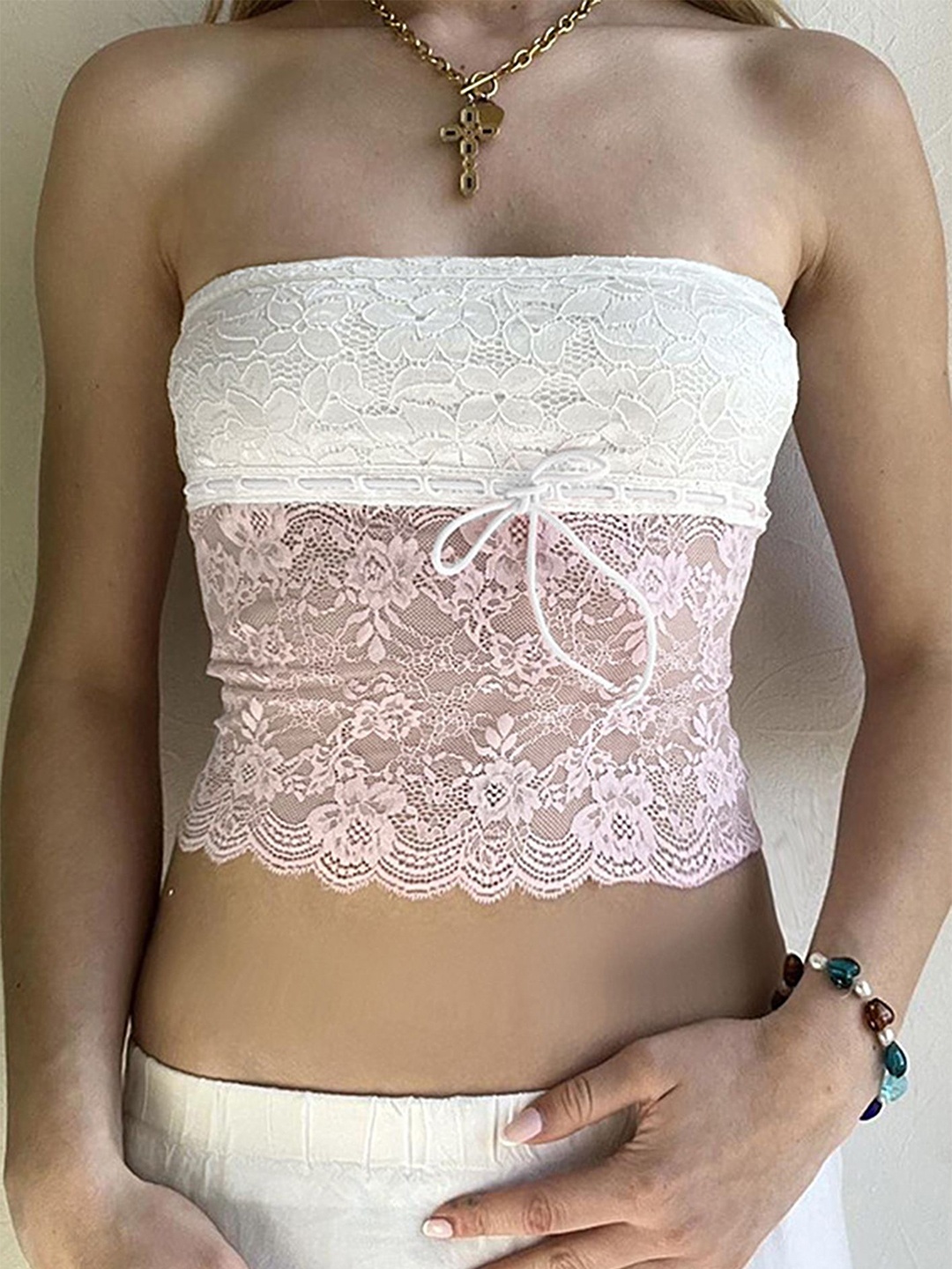 

LULU & SKY Women Self Design Strapless Top, Pink