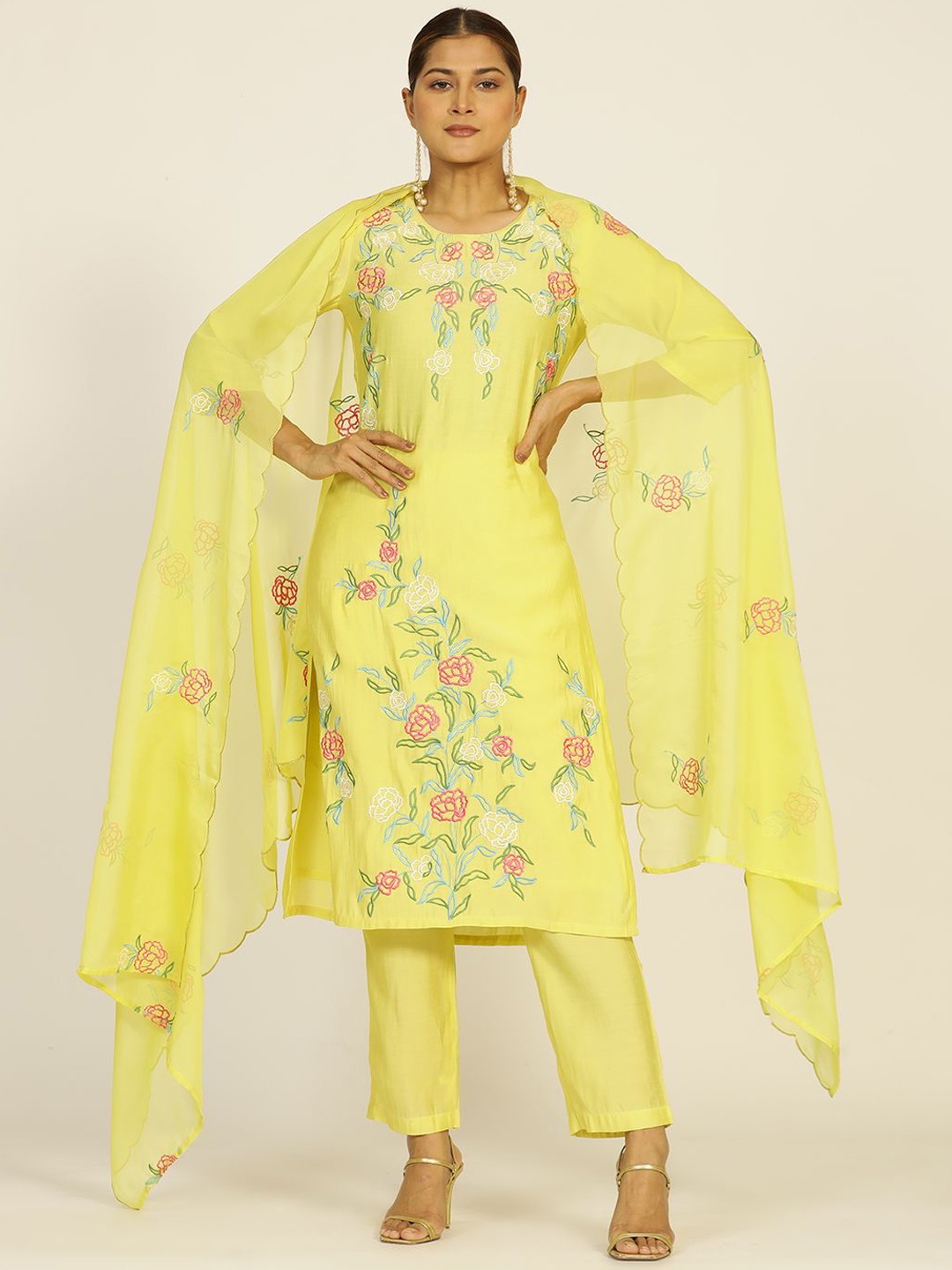 

Jaipur Kurti Resham Embroidered Chanderi Kurta Set, Lime green