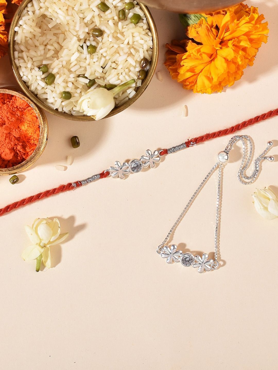 

fnp Zircon Twin Flower Silver Rakhi Bhaiya-Bhabhi Rakhis, White