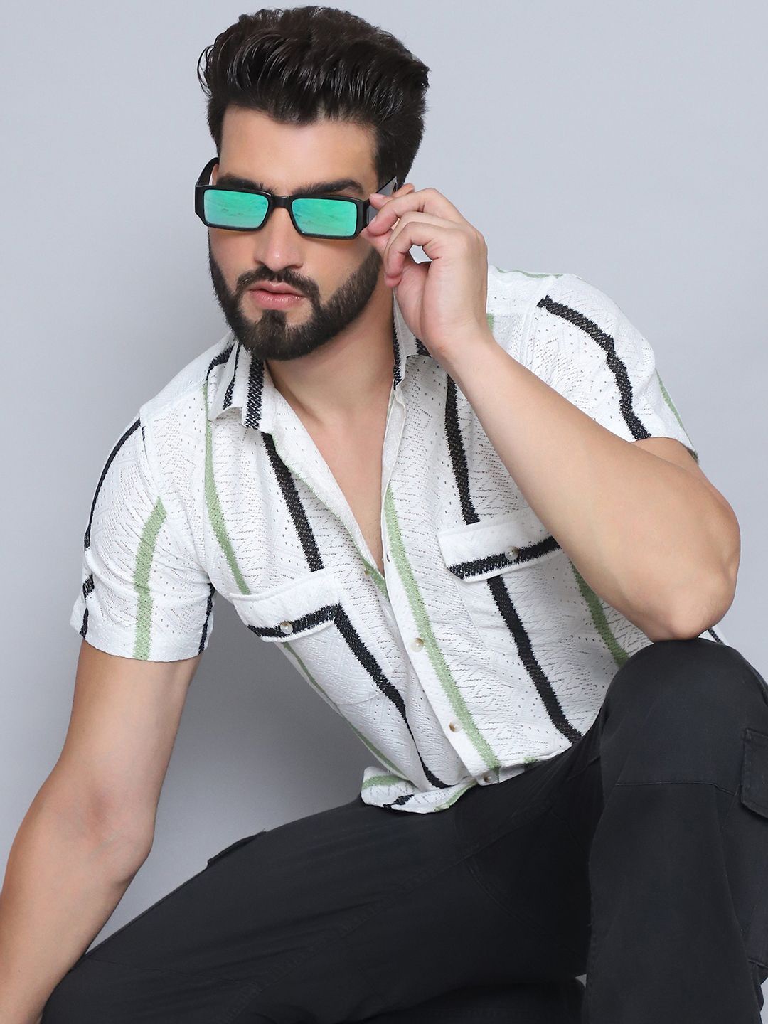 

Indian Needle Men Classic Spread Collar Striped Polycotton Casual Shirt, White