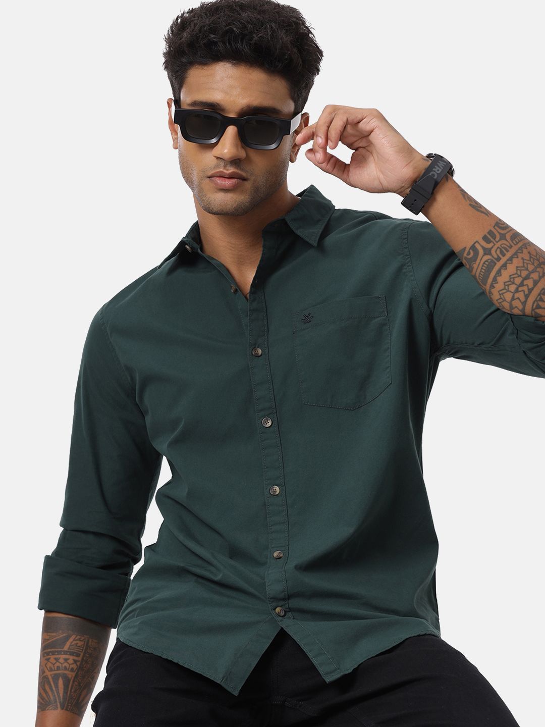 

WROGN Men Custom Spread Collar Solid Cotton Casual Shirt, Olive