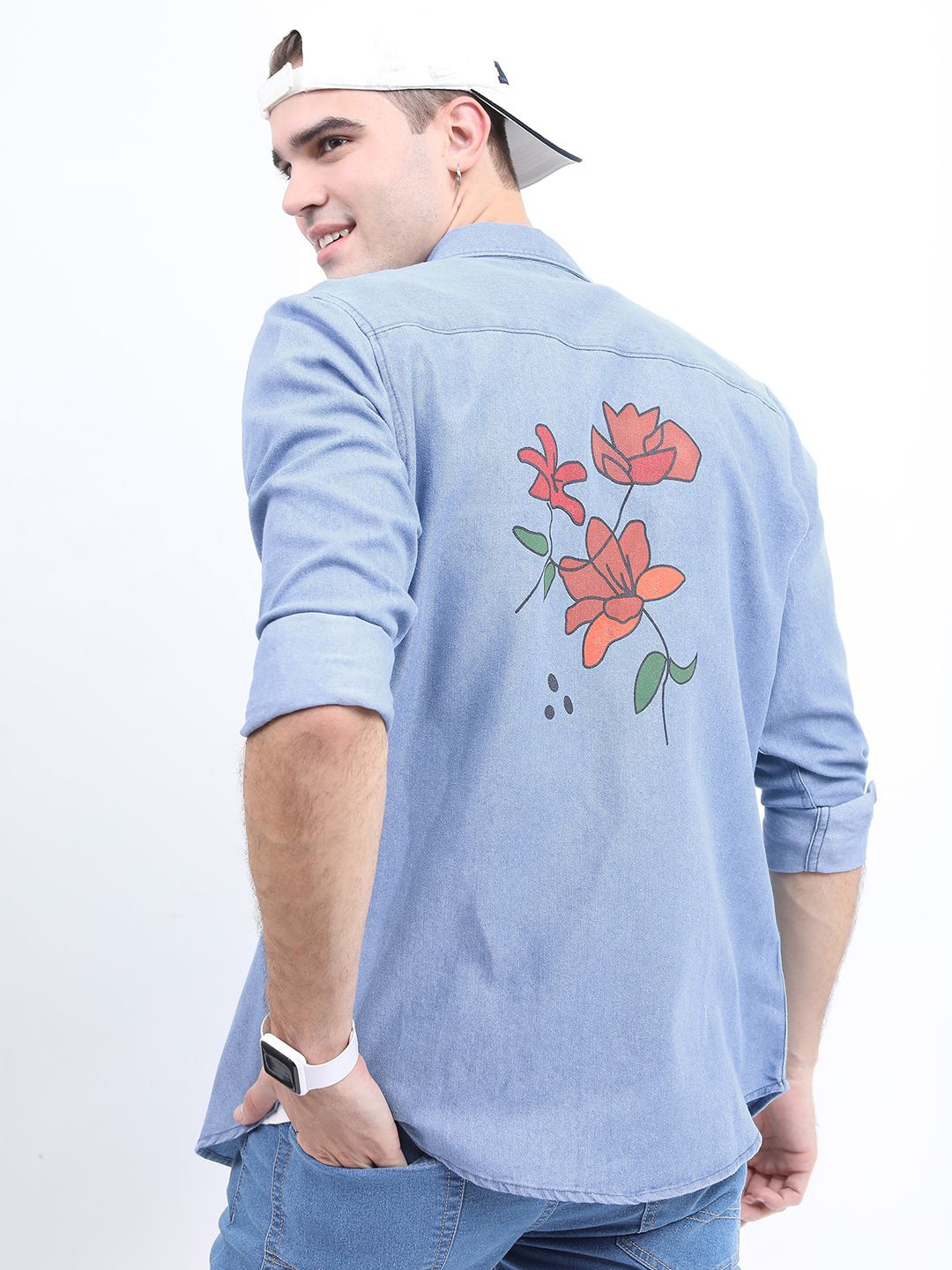 

HIGHLANDER Men Spread Collar Floral Printed Cotton Slim Fit Casual Shirt, Blue