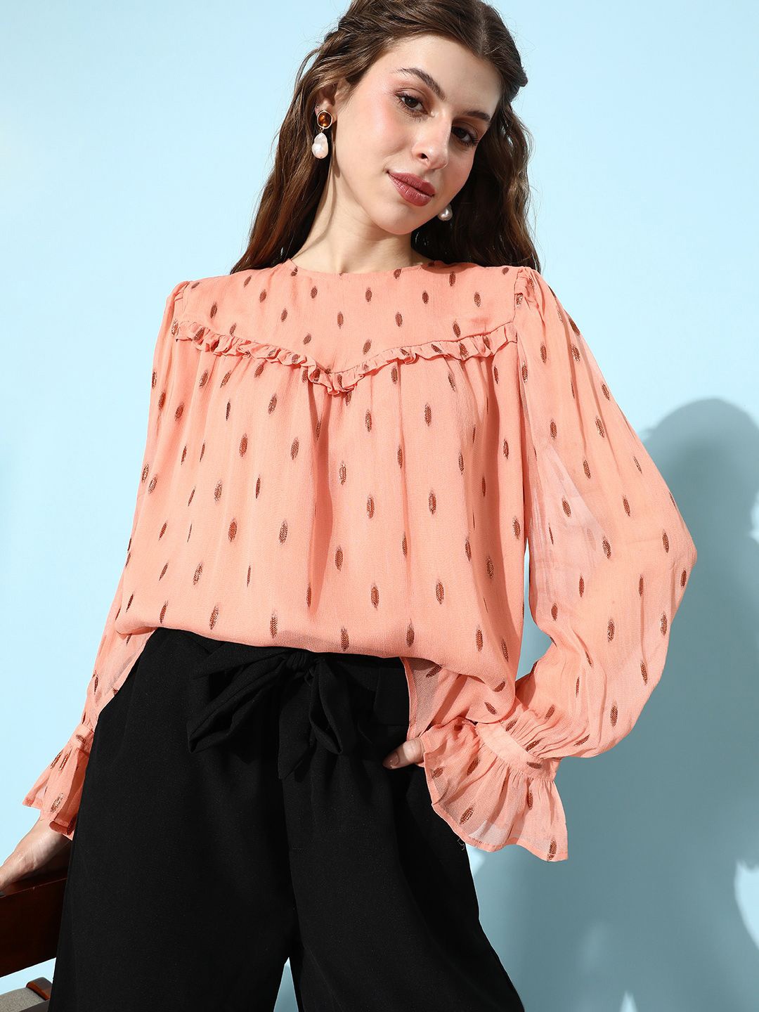 

EVERYDAY by ANI Women Abstract Printed Round Neck Top, Peach