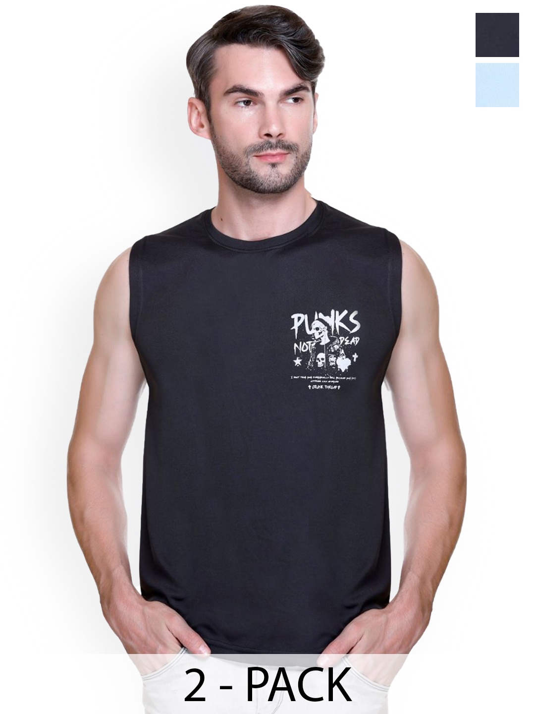 

Looks United Pack Of 2 Printed Gym Vests 2VST-BK-LU1002-SKY-LU1003, Black