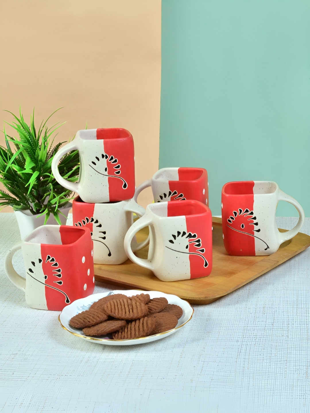 

FABINALIV Set of 6 Red & White Printed Ceramics Matte Cups