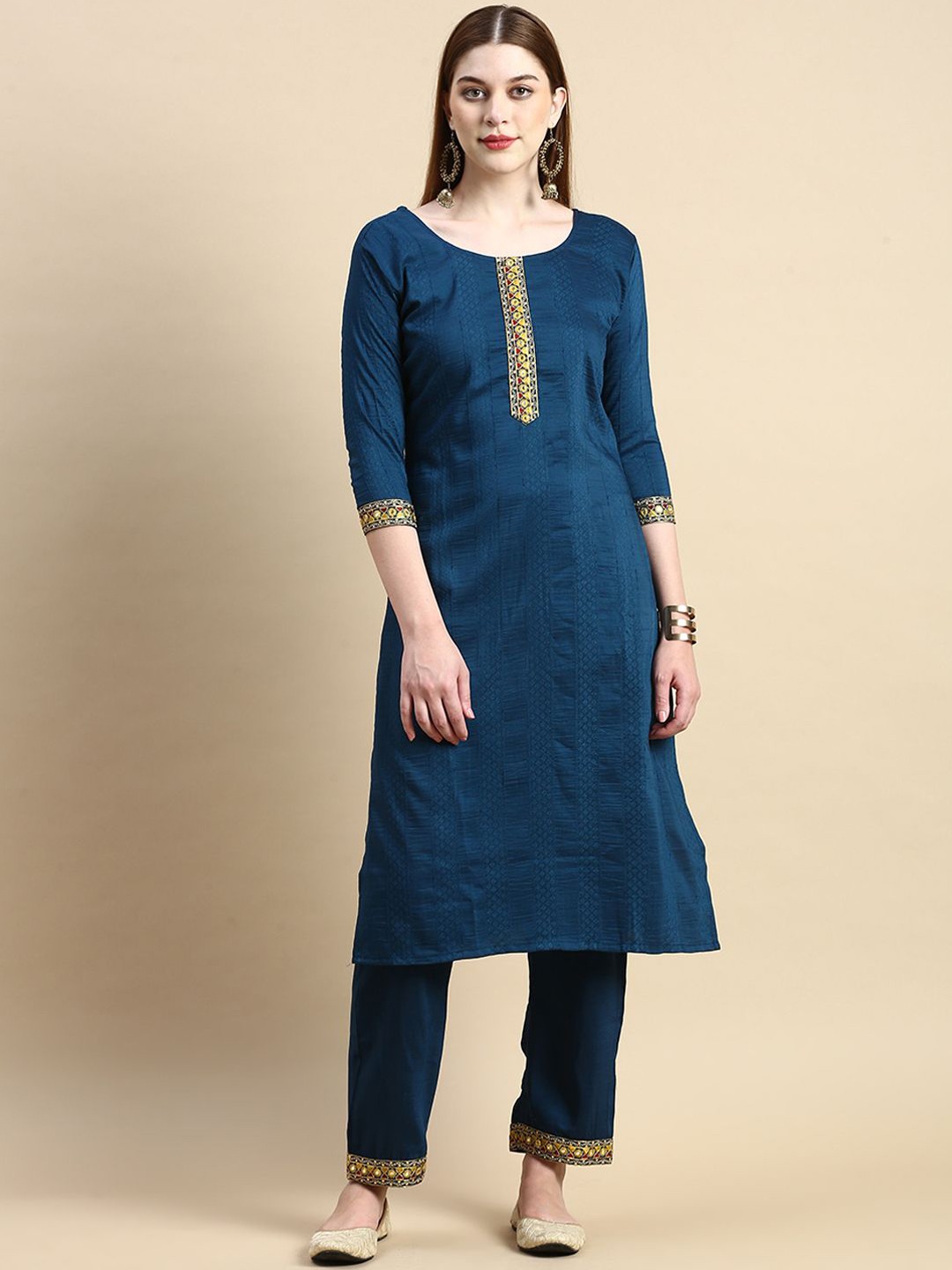 

GRANTH FASHION Women Floral Embroidered Regular Zardozi Kurta with Trousers, Blue