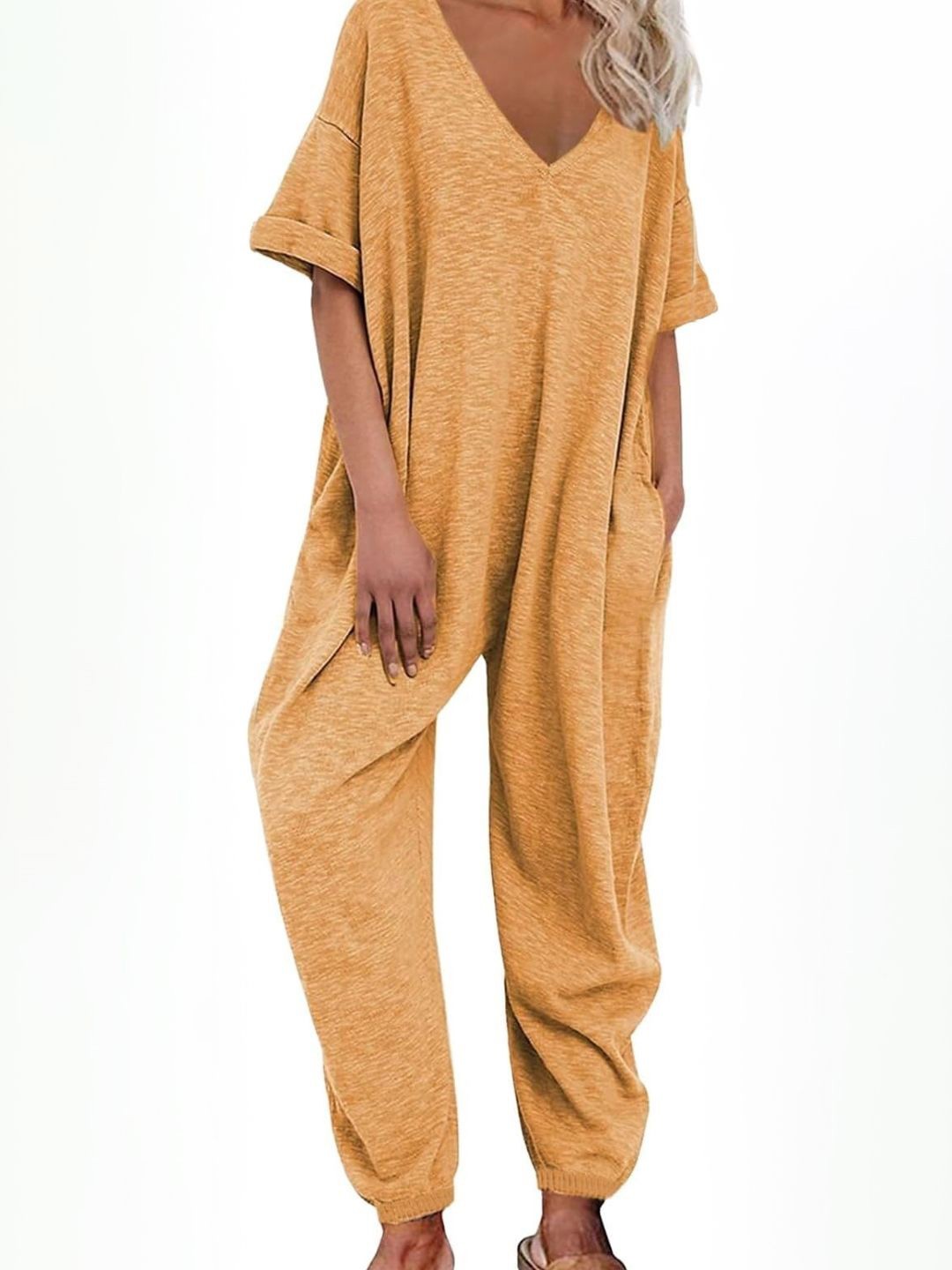 

Stylecast X KPOP Basic Yellow V-Neck Solid Short Sleeves Polyester Basic Jumpsuit