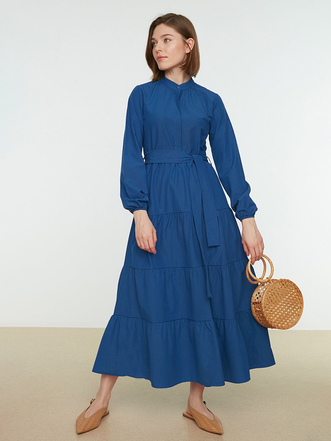 

Trendyol Mandarin Collar Cotton Puff Sleeve Maxi Dress, Blue