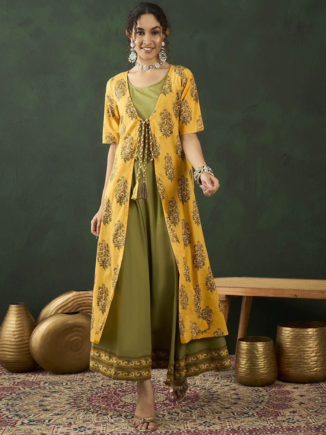 

Sangria Floral Printed Cotton A-Line Maxi Ethnic Dress, Yellow