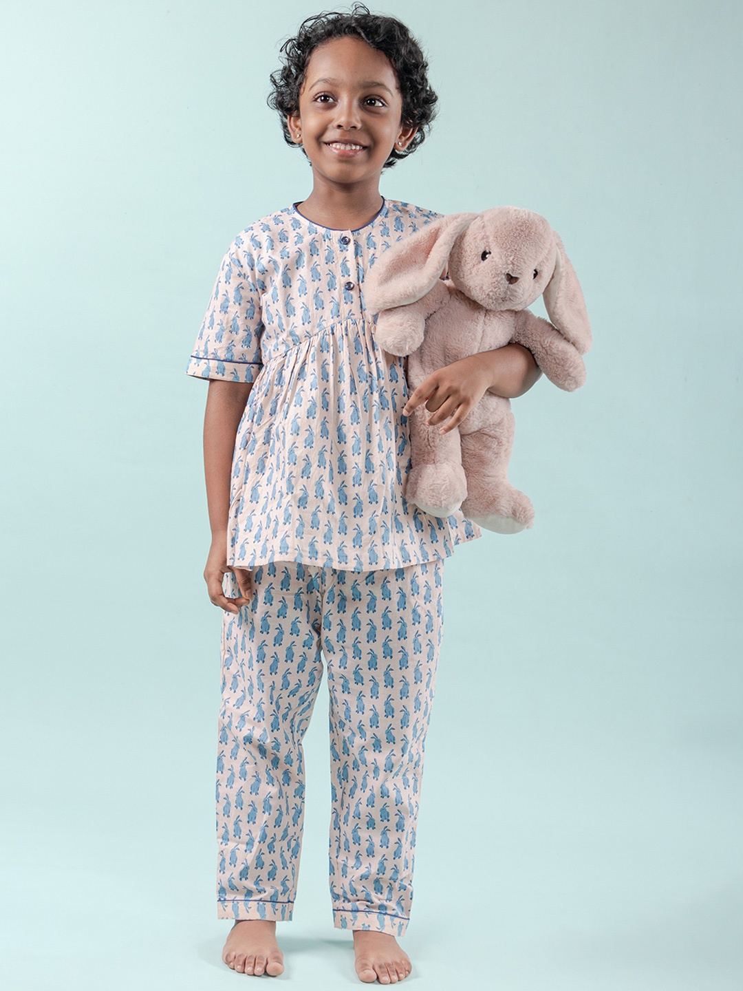 

TWEENY MINI Girls Pure Cotton Bunny Print Summer Night Suit, Blue