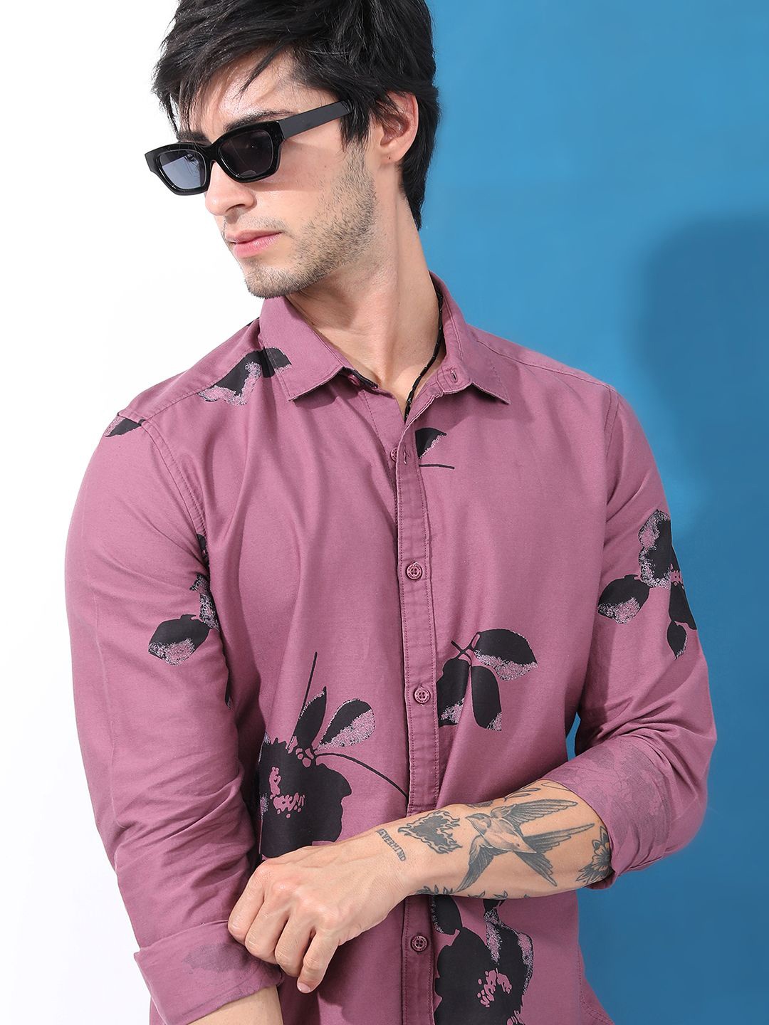 

HIGHLANDER Men Spread Collar Floral Printed Cotton Slim Fit Casual Shirt, Mauve