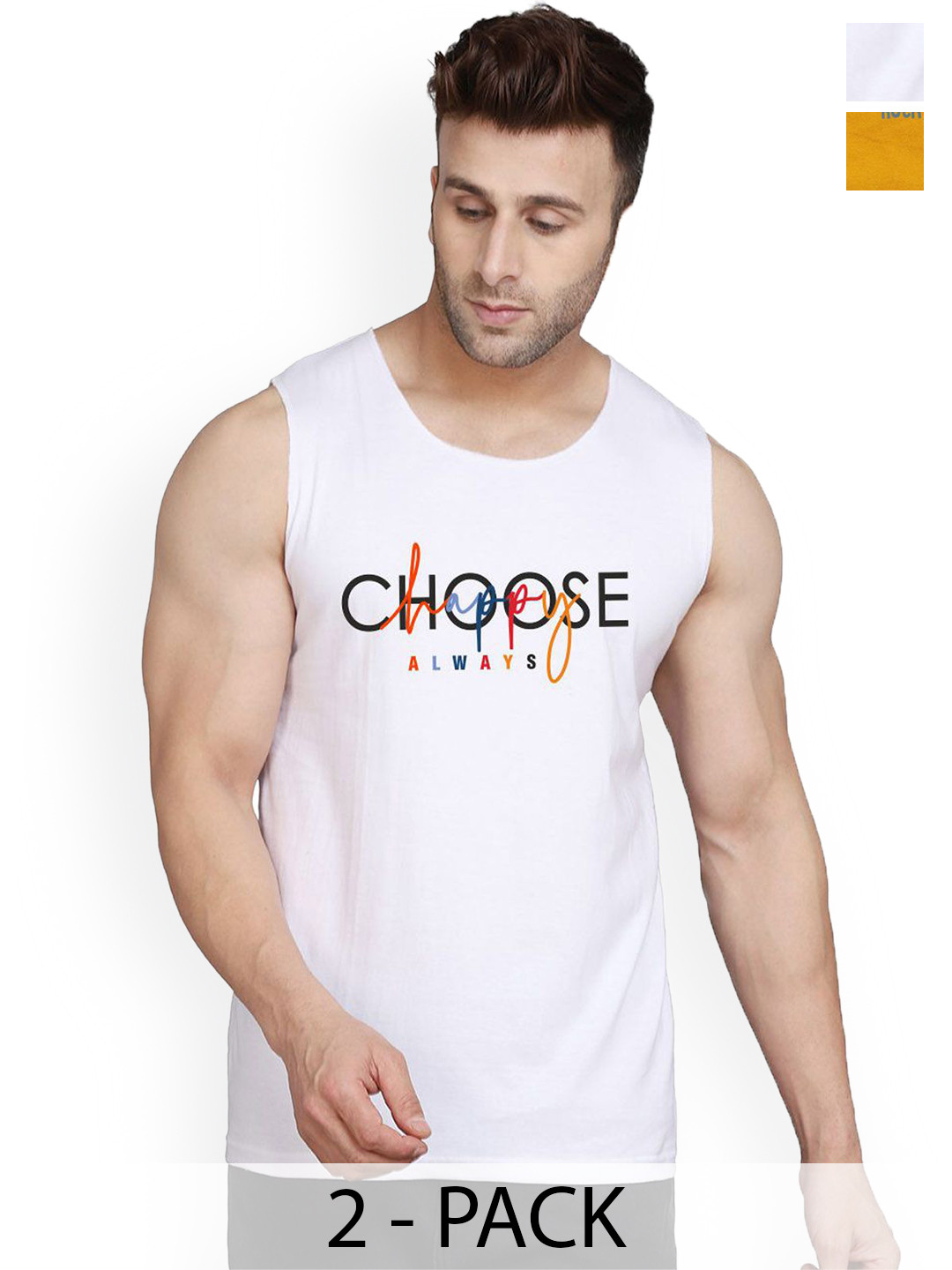 

SLOWLORIS Pack Of 2 Men Printed Gym Vests, Mustard