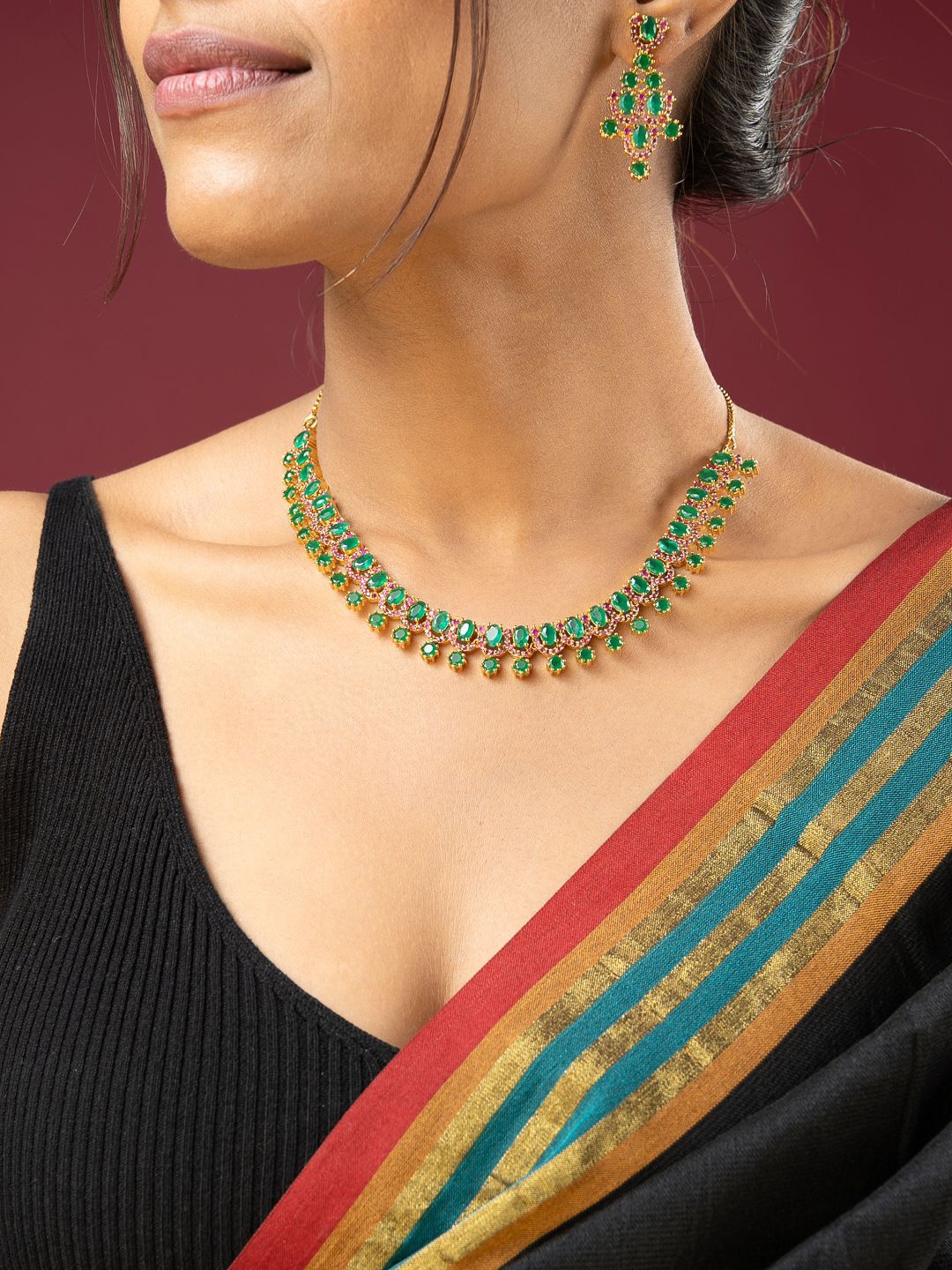 

VIRAASI Gold-Plated Stone-Studded Jewellery Set, Green