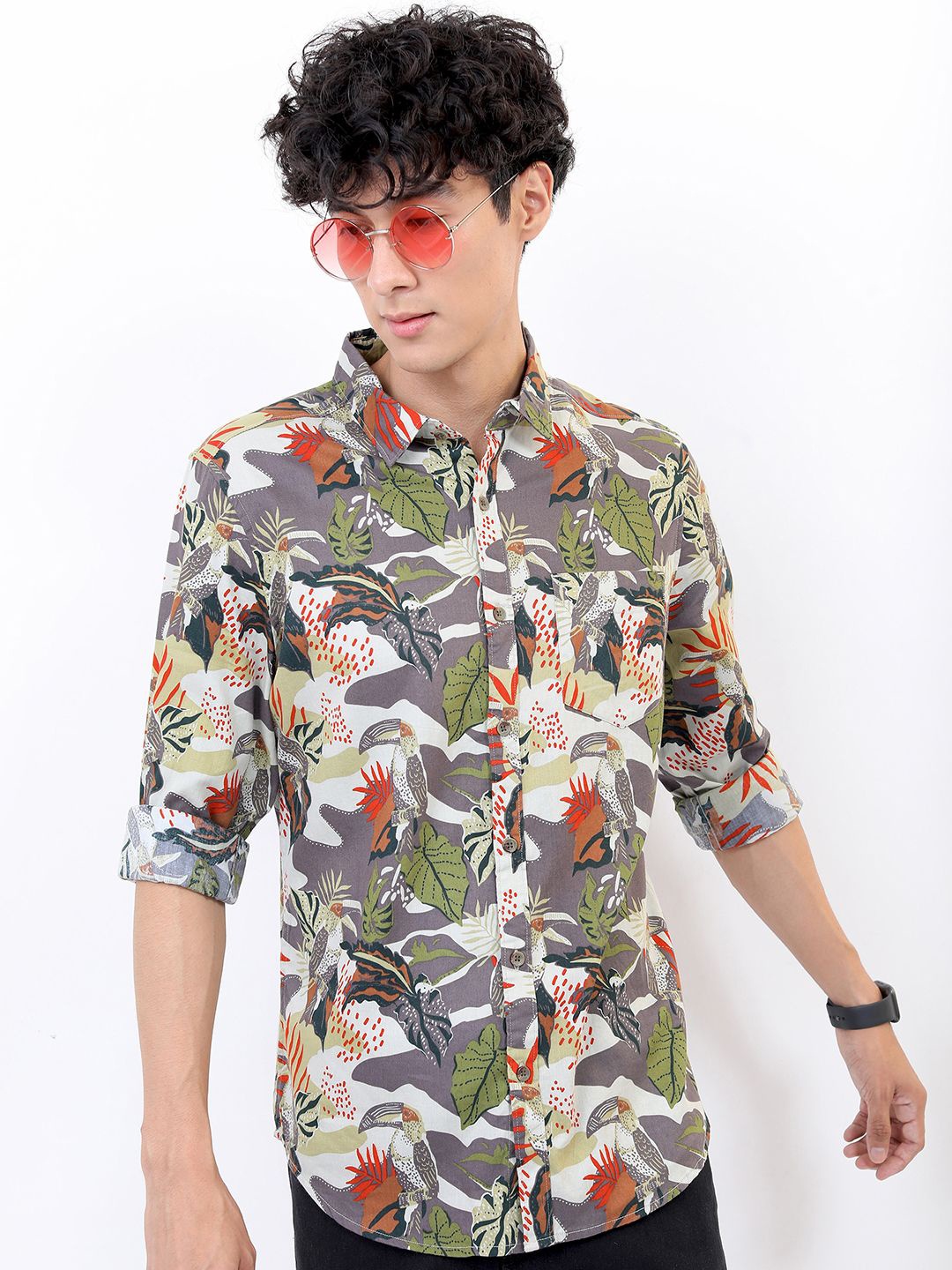 

HIGHLANDER Men Spread Collar Floral Printed Cotton Slim Fit Casual Shirt, Olive