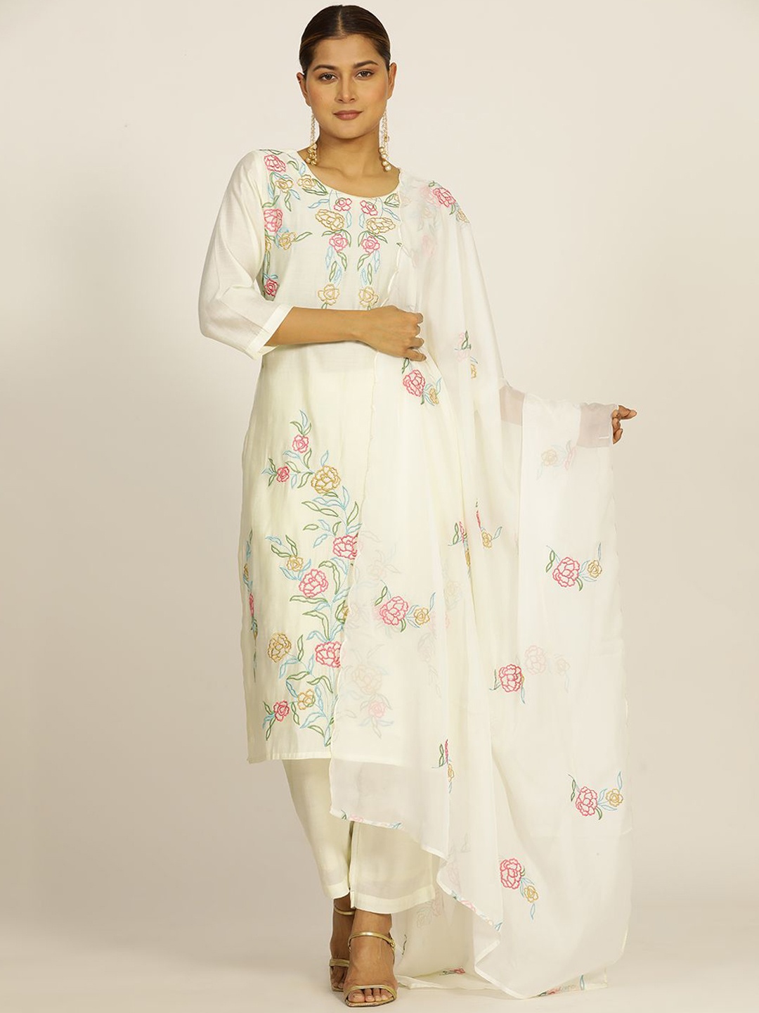 

Jaipur Kurti Resham Embroidered Chanderi Kurta Set, Off white