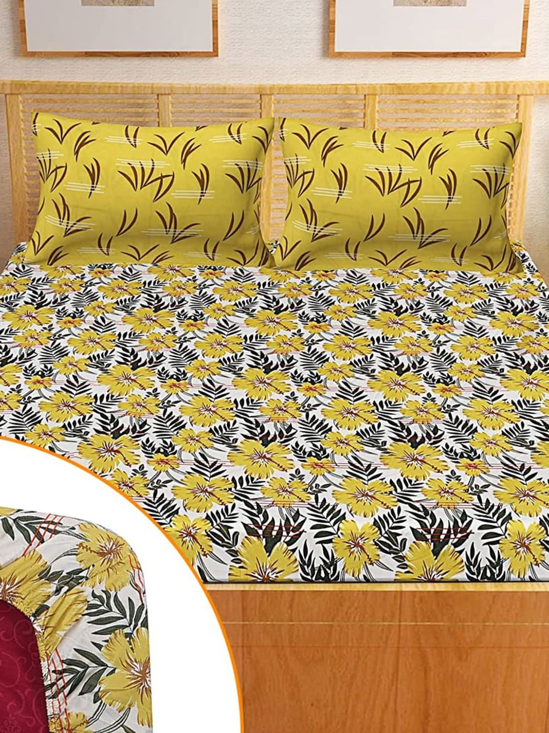 

Kuber Industries Mustard & White Floral 144 TC Queen Bedsheet with 2 Pillow Covers