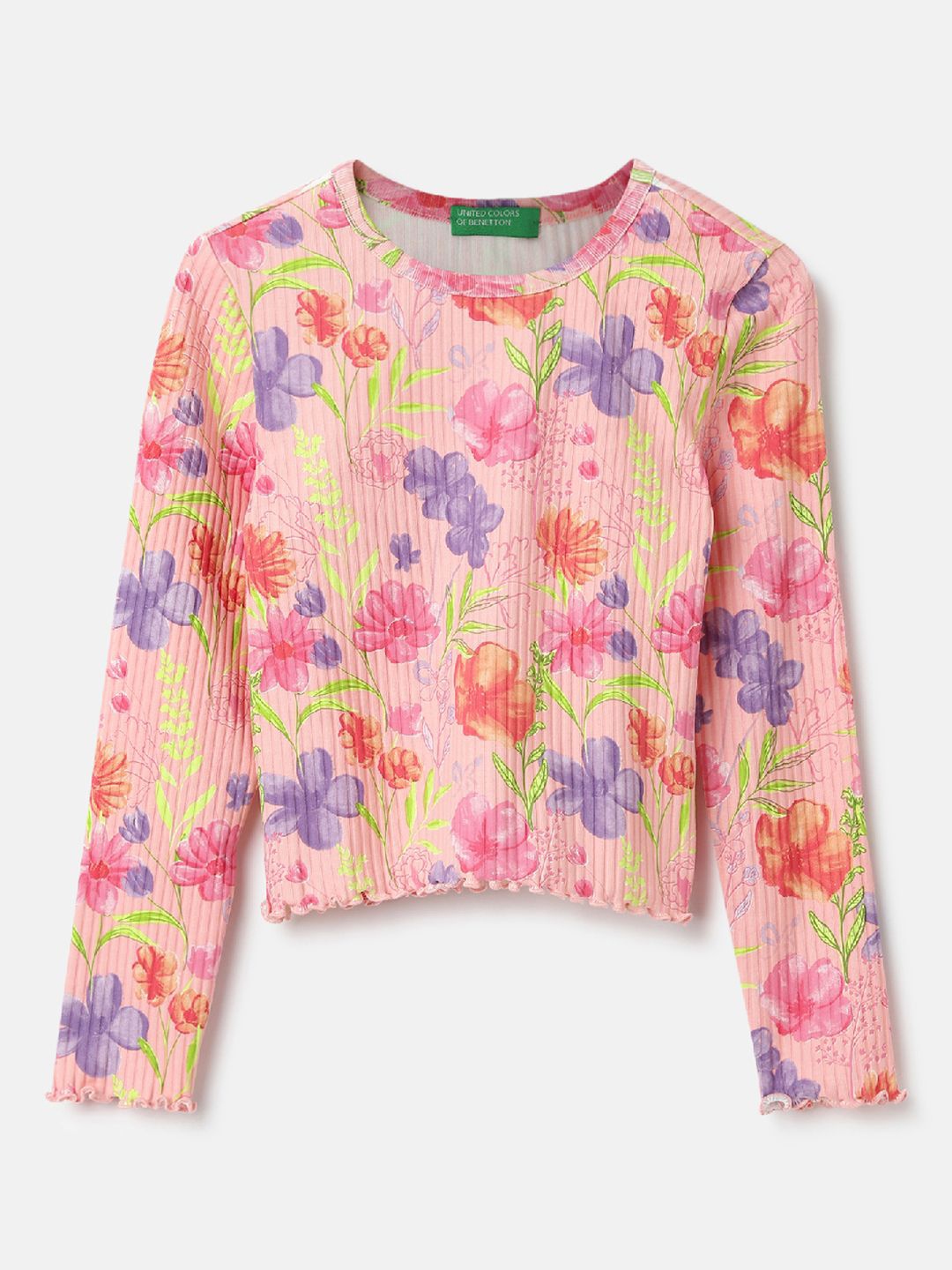 

United Colors of Benetton Girls Floral Printed Round Neck Top, Pink