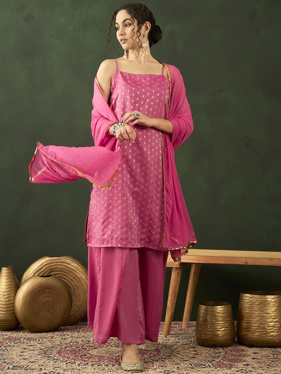 

Sangria Woven Design Straight Kurta Palazzo With Dupatta Set, Pink