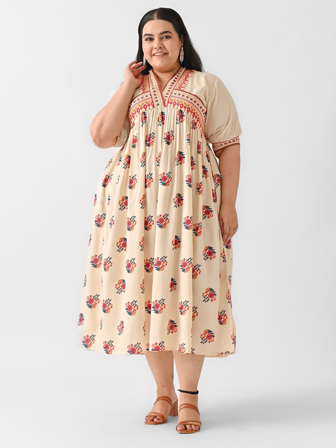 

Shape of me by Rustorange Floral Print Tie-Up Neck Fit & Flare Midi Dress, Beige