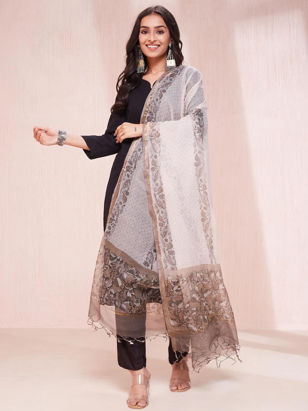 

Fabindia Floral Printed Cotton Silk Dupatta, White