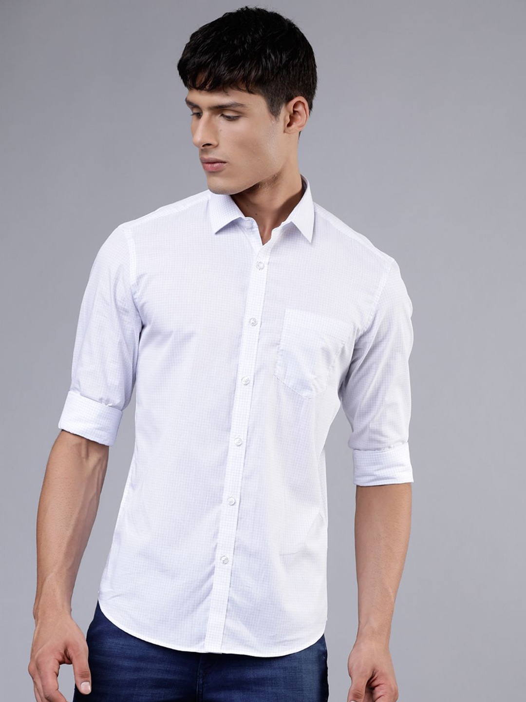 

HIGHLANDER Men Spread Collar Micro Checked Cotton Slim Fit Casual Shirt, White