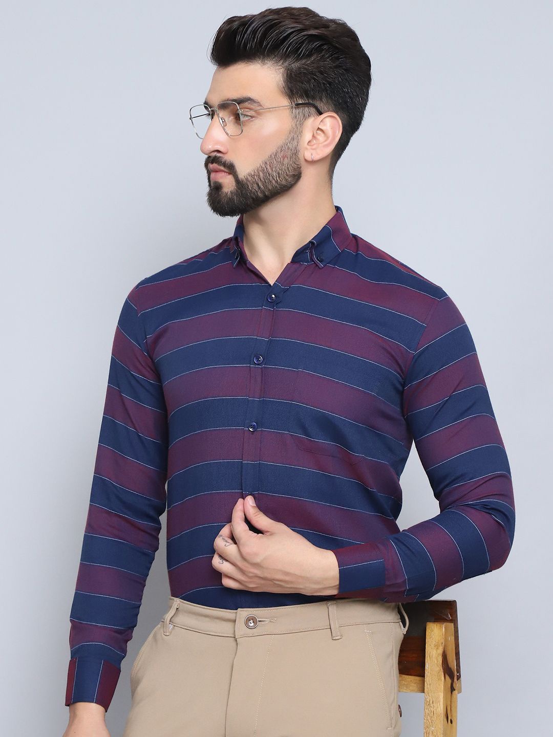

Indian Needle Men Classic Button-Down Collar Striped Cotton Formal Shirt, Purple