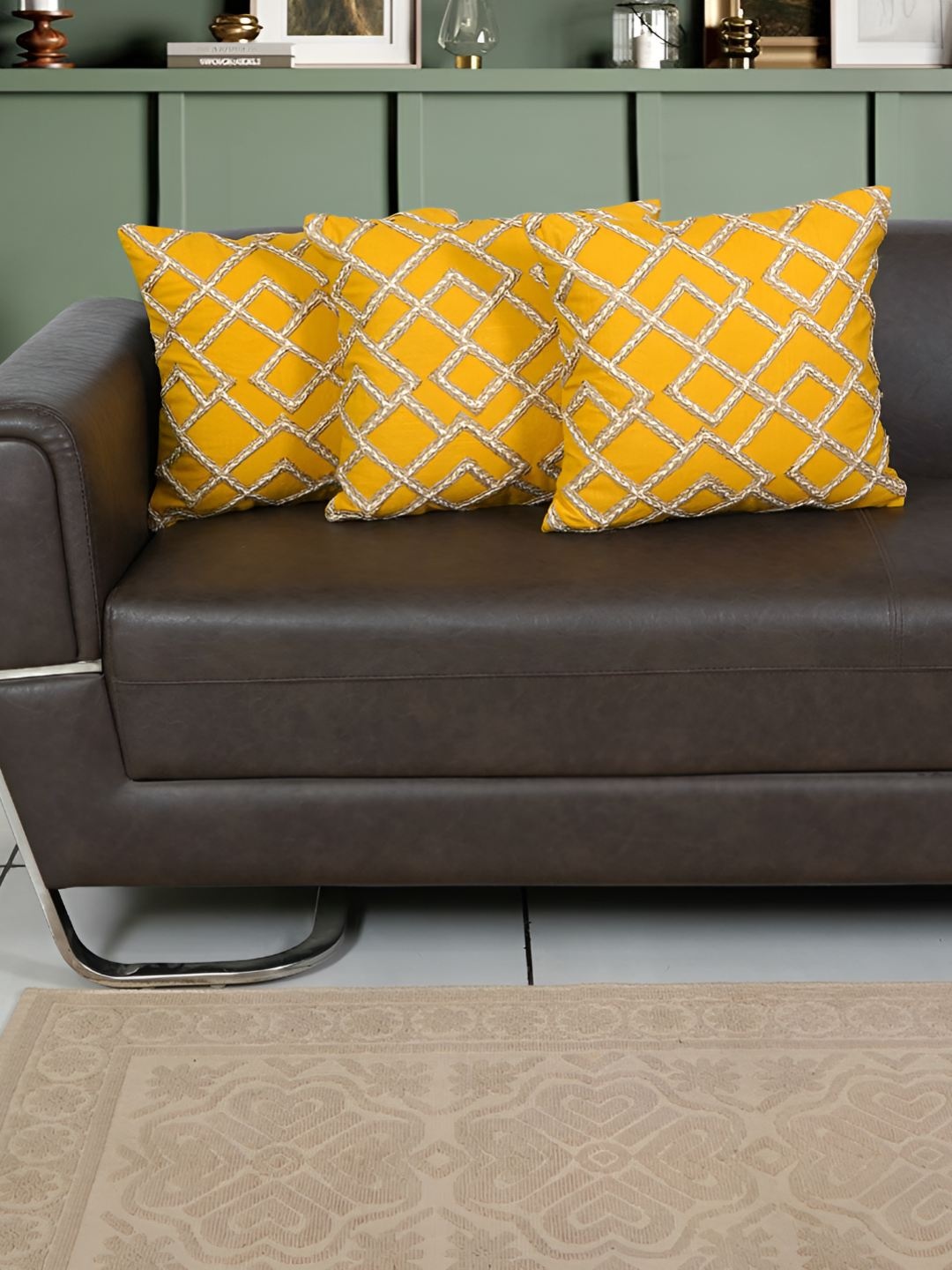 

Ode & Cleo Mustard & Grey 3 Pieces Embroidered Cotton Square Cushion Covers