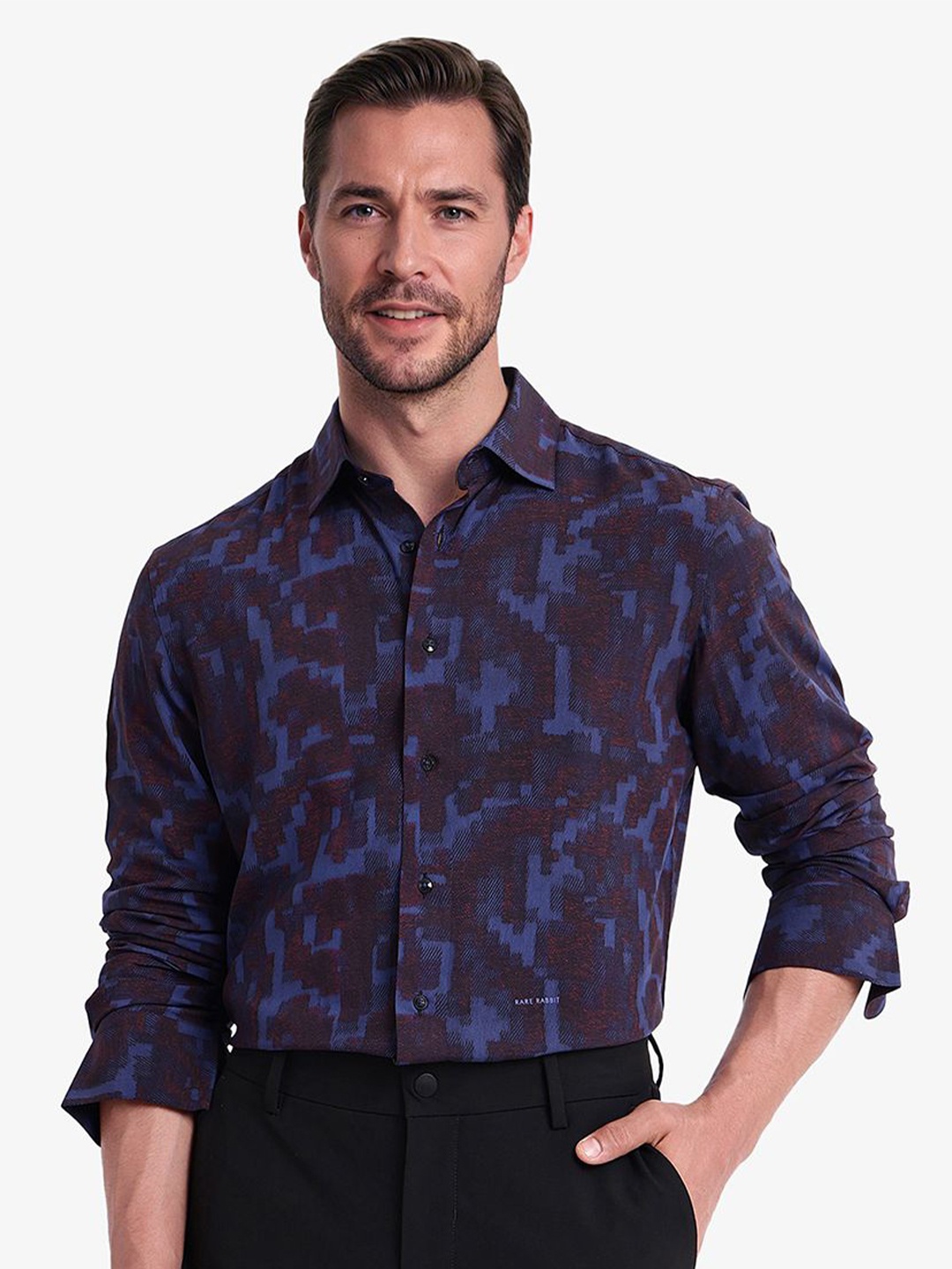 

RARE RABBIT Men Comfort Opaque Printed Casual Shirt, Navy blue