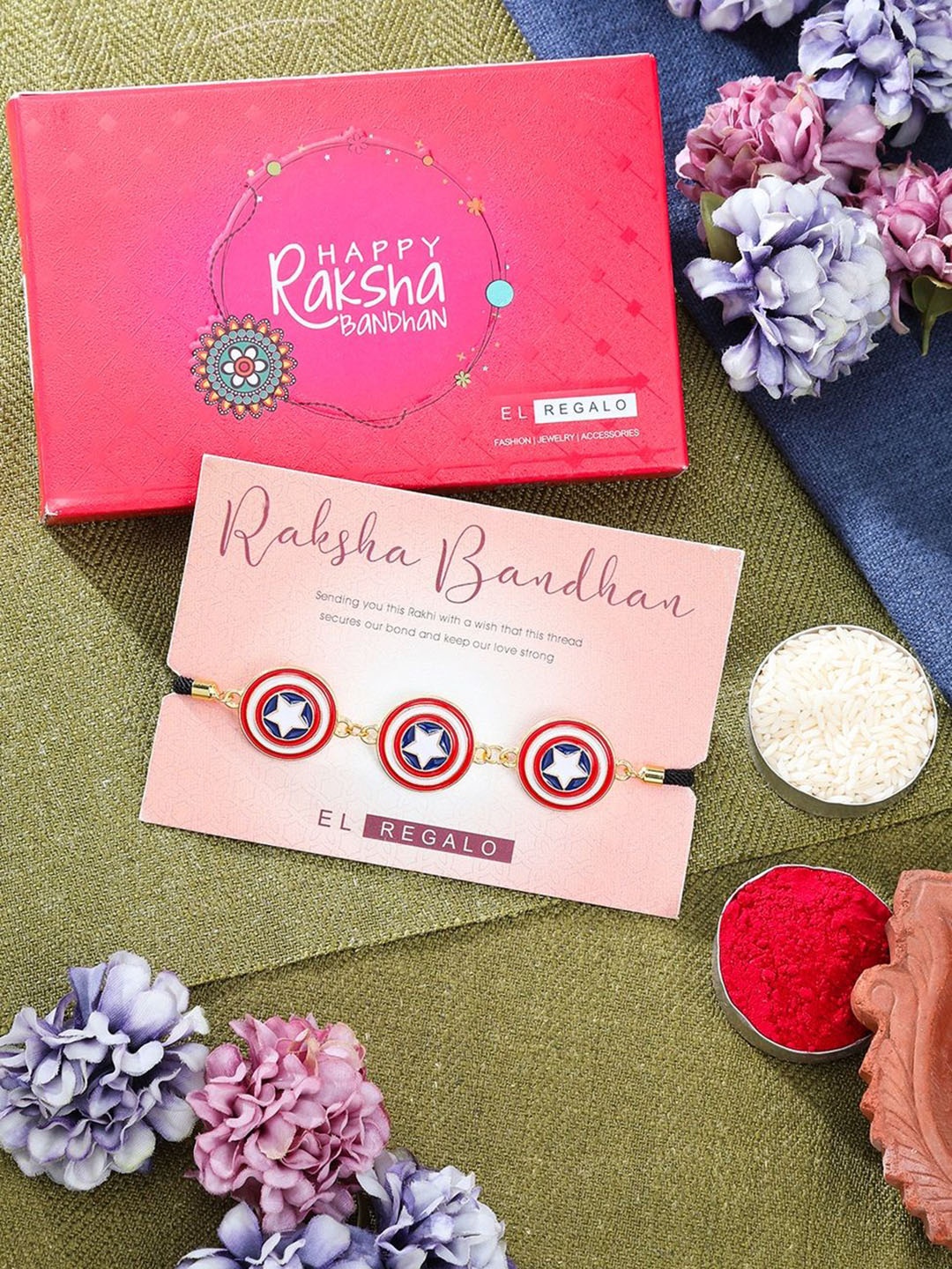 

EL REGALO Round Shaped Charm Rakhi Gift Set, Red