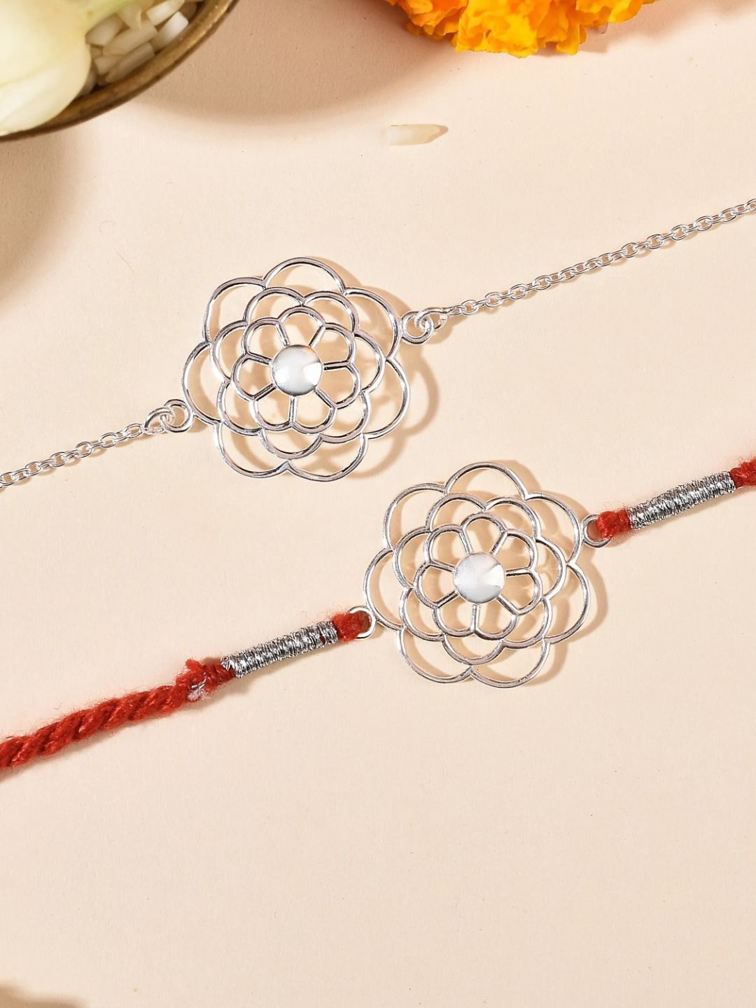 

fnp Marigold Silver Rakhi Combo Mauli Rakhis, Red
