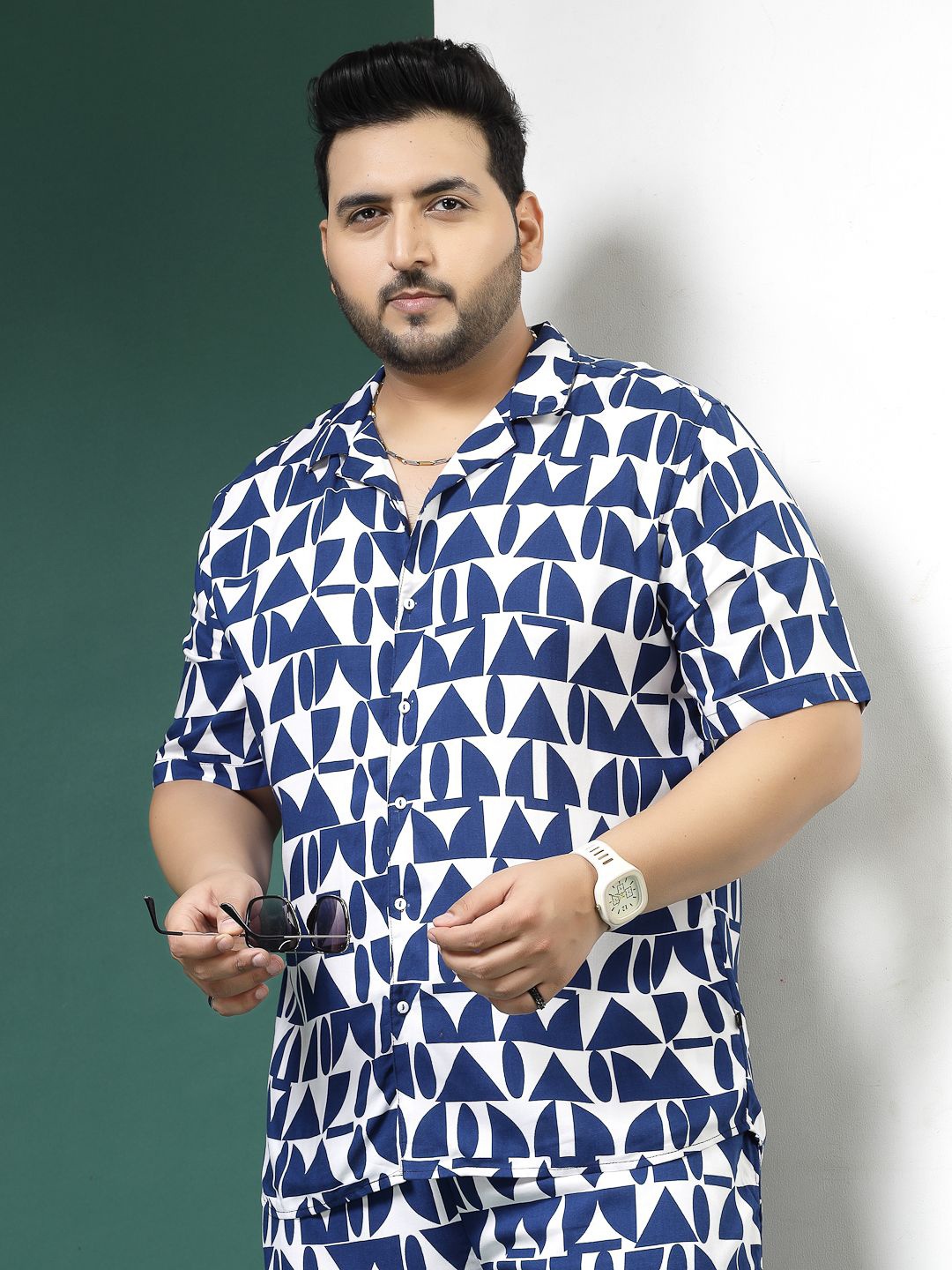 

Rigo Plus Size Geometric Printed Shirt & Shorts, Blue