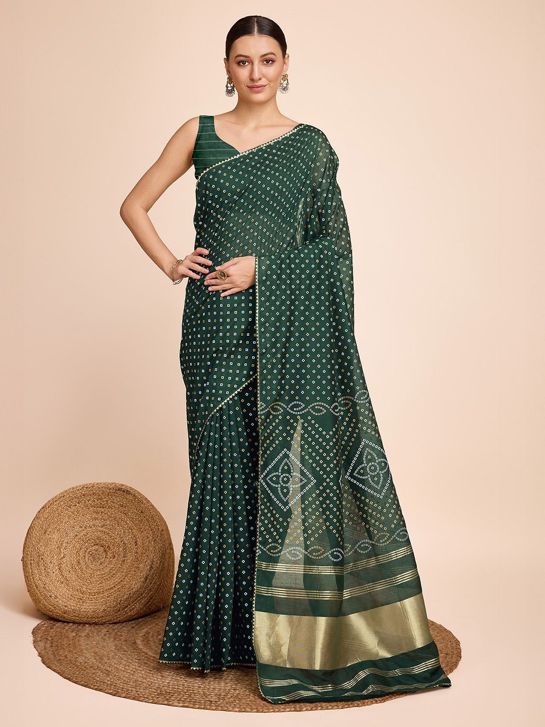 

Mitera Bandhani Printed Zari Bandhani Saree With Blouse Piece, Green