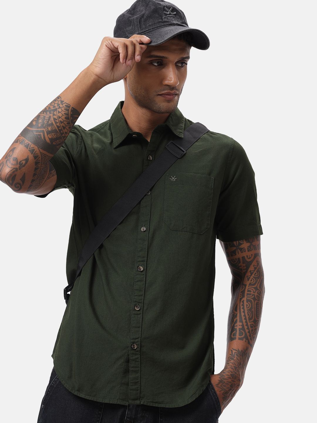 

WROGN Men Custom Spread Collar Solid Cotton Casual Shirt, Olive