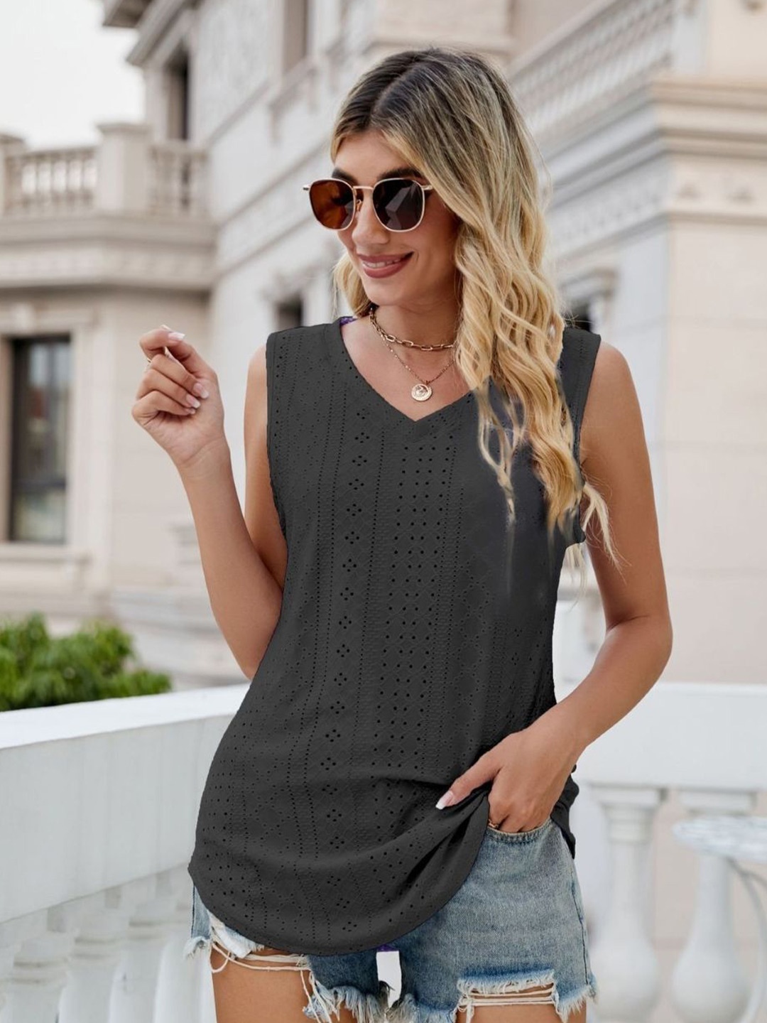 

Stylecast X KPOP Women Self Design Round Neck Top, Black