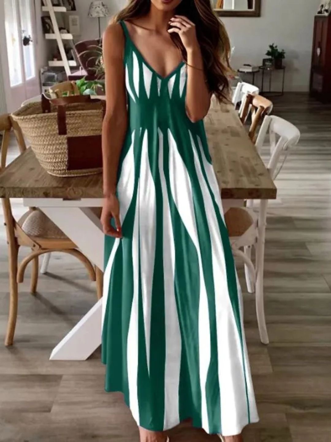 

StyleCast Striped Shoulder Straps A-Line Maxi Dress, Green