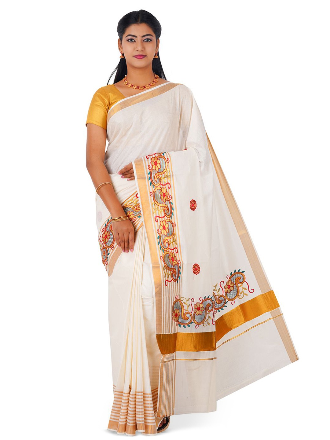 

Rst R Selvamani Tex Floral Zari Pure Cotton Kasavu Saree, Off white