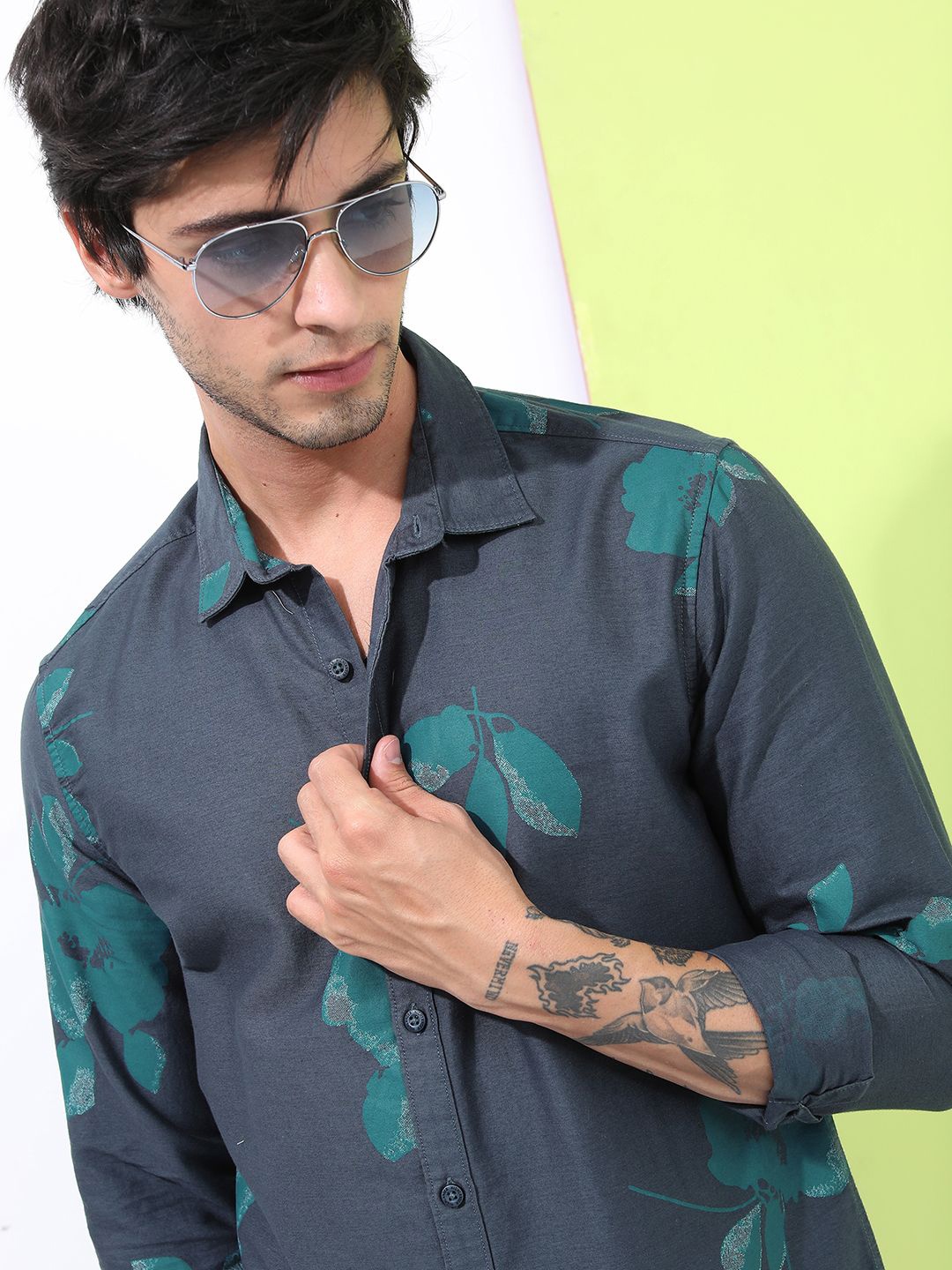 

HIGHLANDER Men Spread Collar Floral Printed Cotton Slim Fit Casual Shirt, Teal