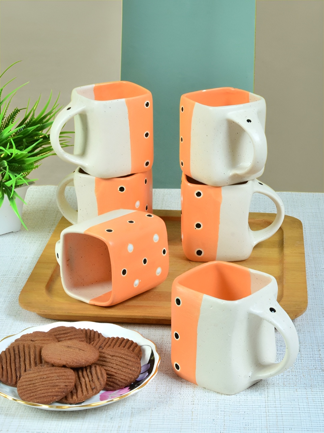 

FABINALIV Set of 6 Orange & White Printed Ceramics Matte Cups