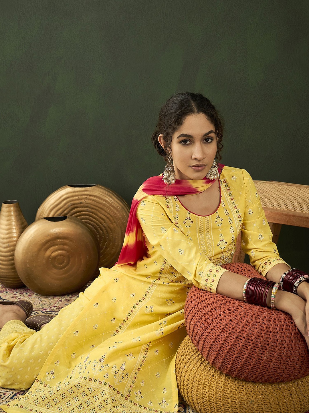 

Sangria Floral Printed Straight Kurta With Palazzo & Dupatta Set, Yellow